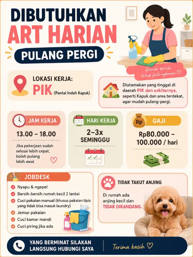 Dibutuhkan ART pulang pergi tidak menginap.