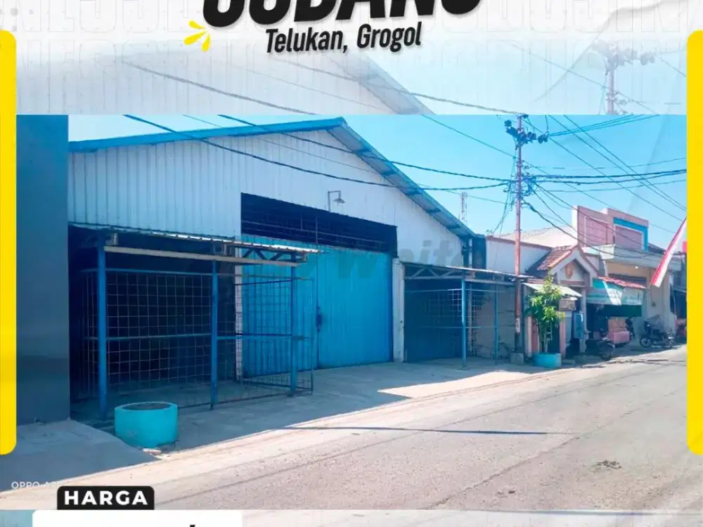 Gudang / Workshop Lapang LT 400m² LD 14m Hadap Selatan 1 KT 1 KM Listrik 2200W Air Sumur Tepi Jl. Arak-Arak Telukan Grogol Sukoharjo (Kawasan Industri