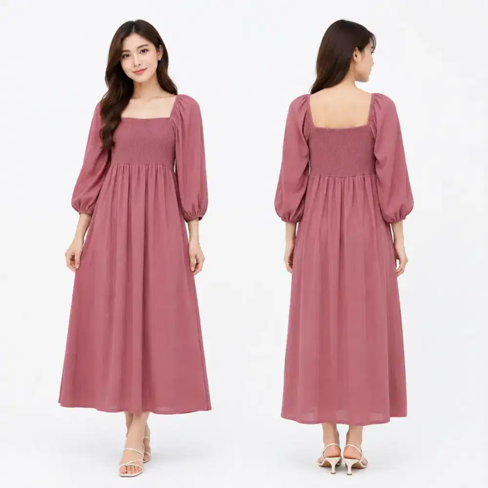 BERSHKA WOMAN DRESS SMOCKED RED ASLI ORIGINAL BARU