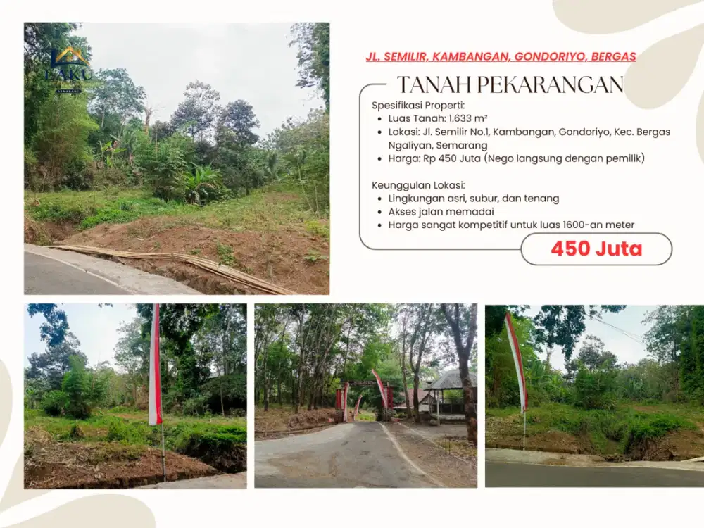 Tanah Pekarangan Luas 1.633 m² Murah di Bergas