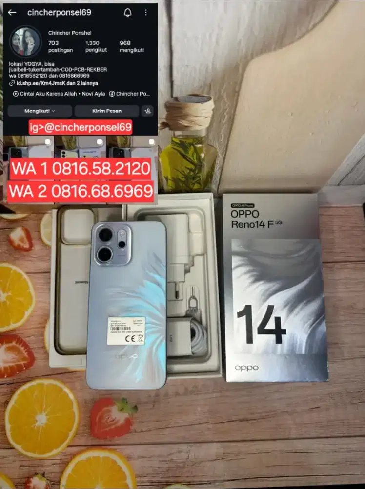 Jual hp LIKENEW oppo reno 14f 5g 12/256 istimewa grns resmi AKTIF
