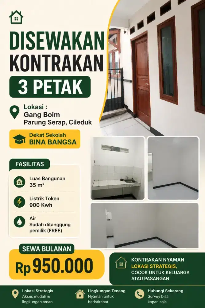 Kontrakan 3 Petak Dekat Bina Bangsa Ciledug – Rp950 Ribu/Bulan