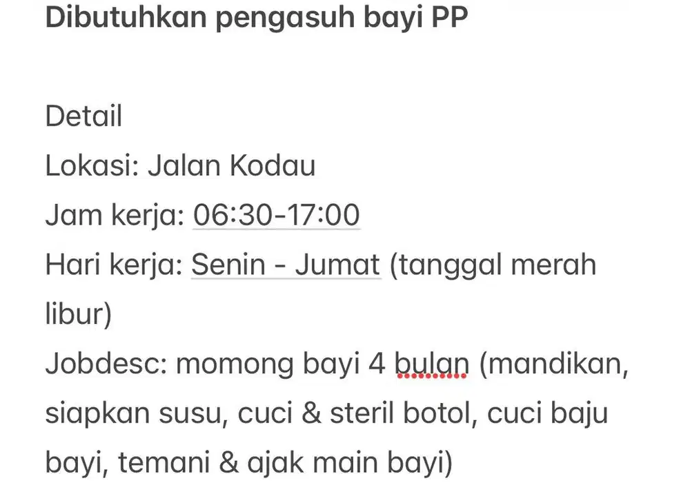 Dibutuhkan pengasuh/momong bayi PP