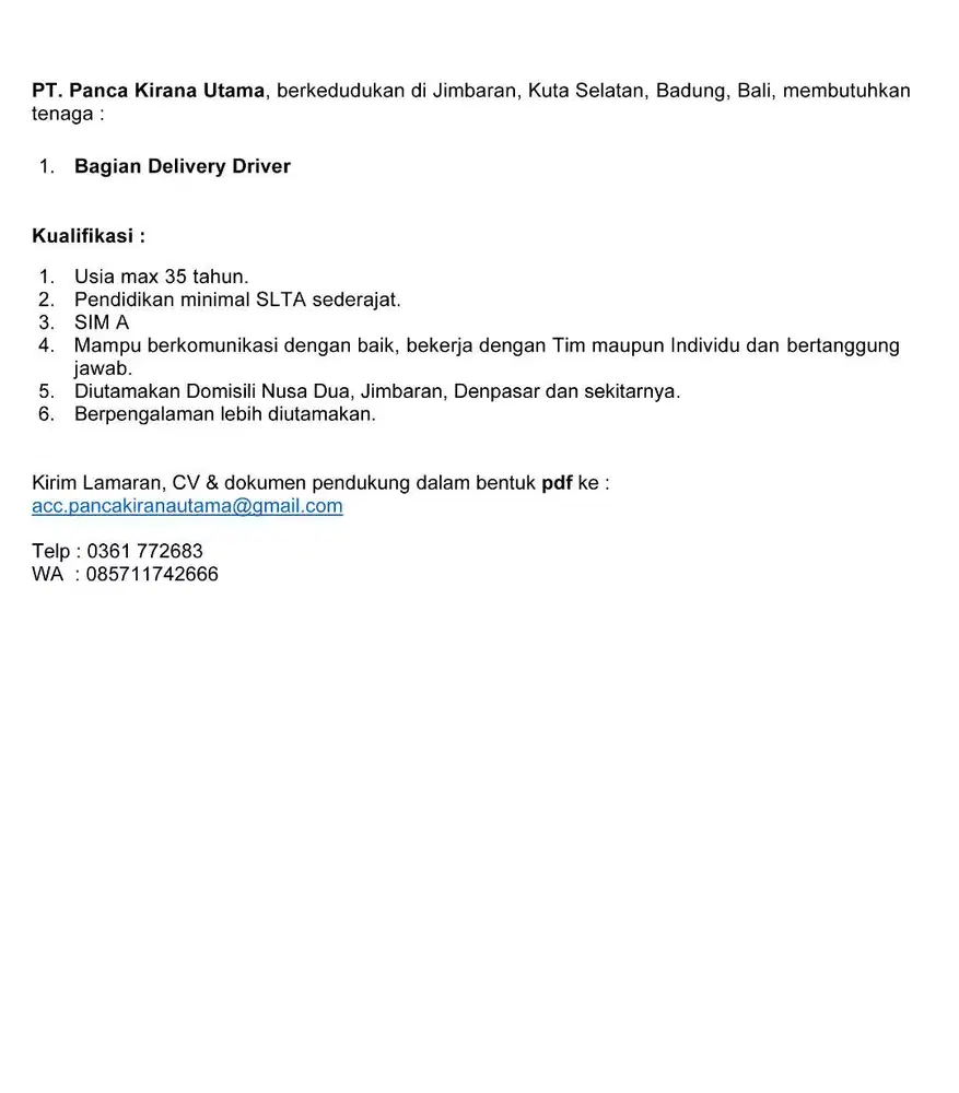 LOWONGAN DRIVER / BAG. PENGIRIMAN