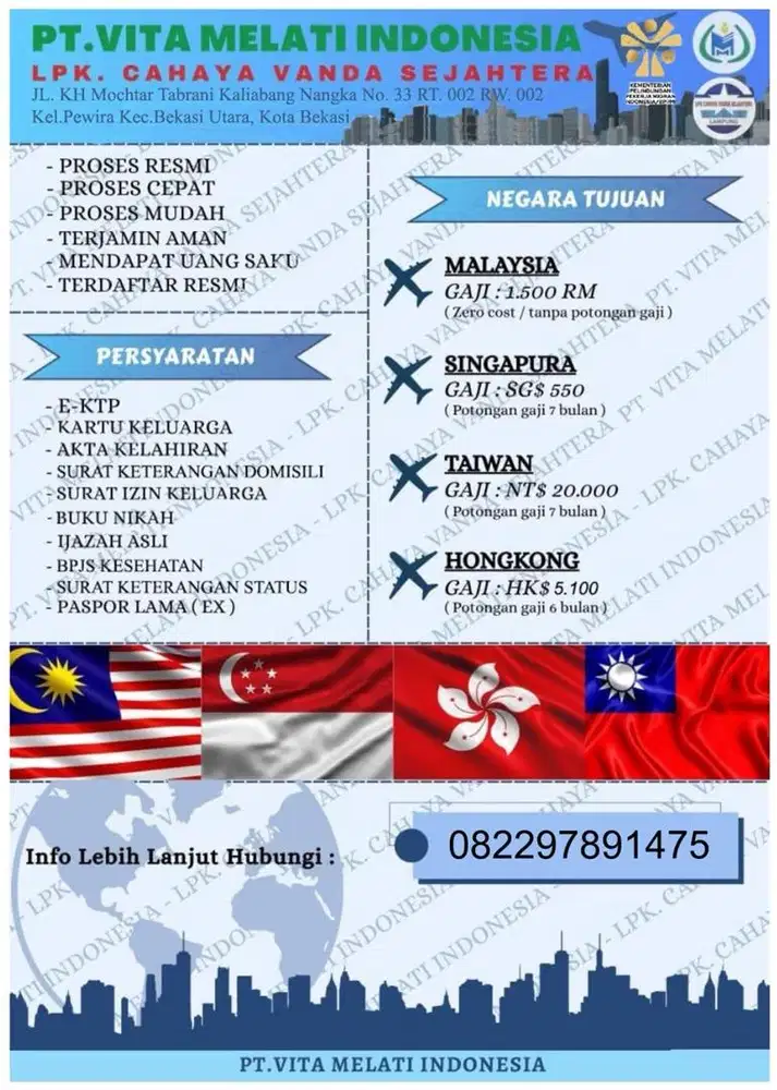 DIBUTUHKAN TENAGA KERJA WANITA UNTUK KE LUAR NEGERI