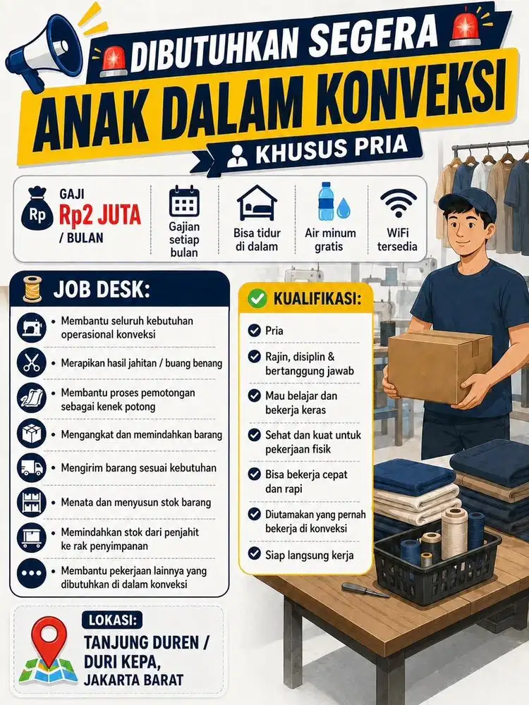 DIBUTUHKAN SEGERA ANAK DALAM KONVEKSI (PRIA)