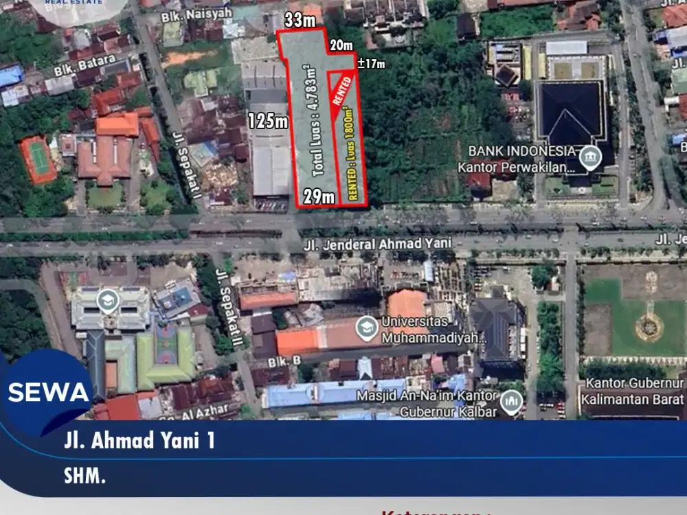 Tanah sewa lahan strategis Tepi jalan Ahmad Yani 1 , Pontianak