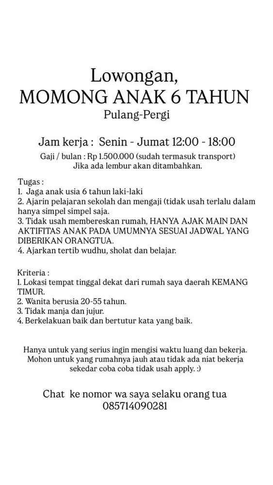 Lowongan Momong Anak 6 Tahun