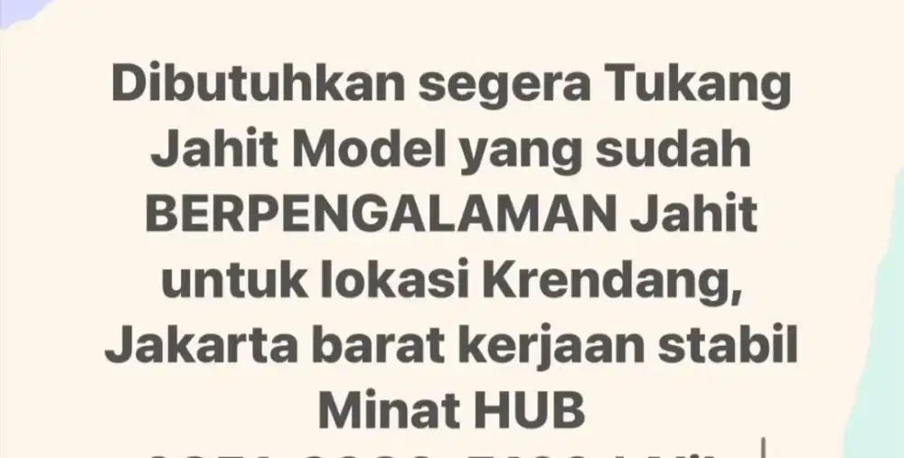 Di cari tukang jahit untuk daerah krendang jakarta barat