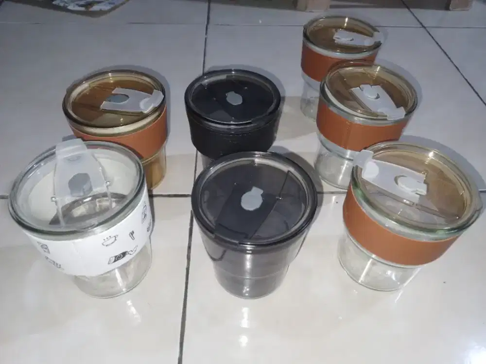 Gelas tumbler kaca 400ml ada 7pcs, biru gelap2 bening4, coklat1, nego