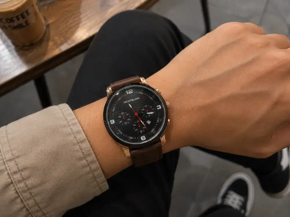 Jam Mont Blanc Chronograph Black Dial Rose Gold Tone Brown