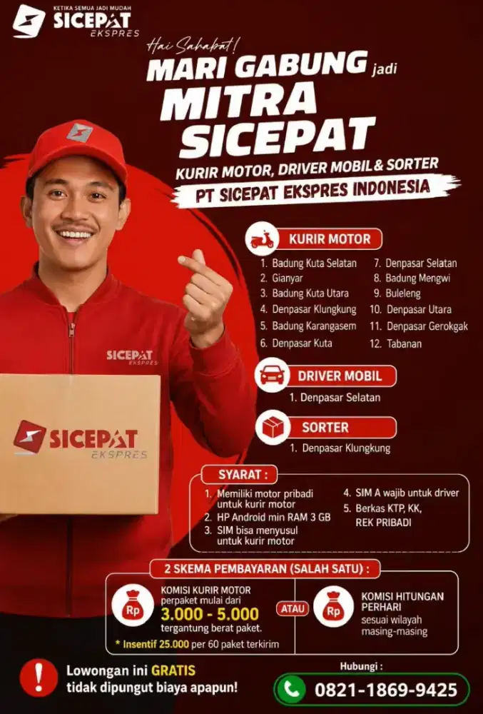 Di butuhkan Kurir motor, Driver pengiriman, Sorter gudang .