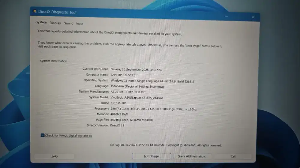 Asus A516J ram 4 gb / ssd 512 gb