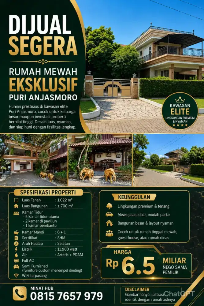 DIJUAL PURI ANJASMORO MEWAH LUAS 2LT VIEW FULL AC FULL FURNISHED