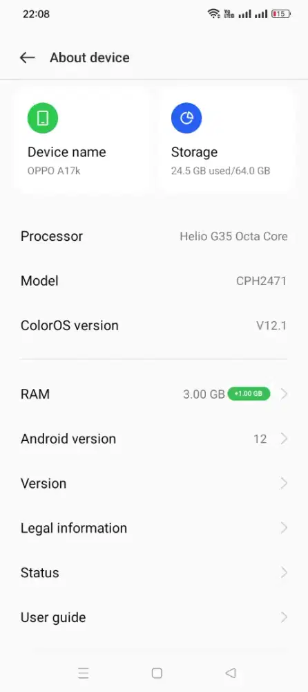 Oppo A17K second warna gold