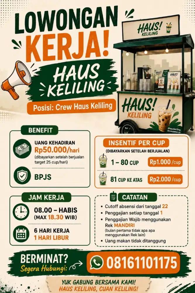 Dibutuhkan secepatnya crew haus gaji 50.000/hari