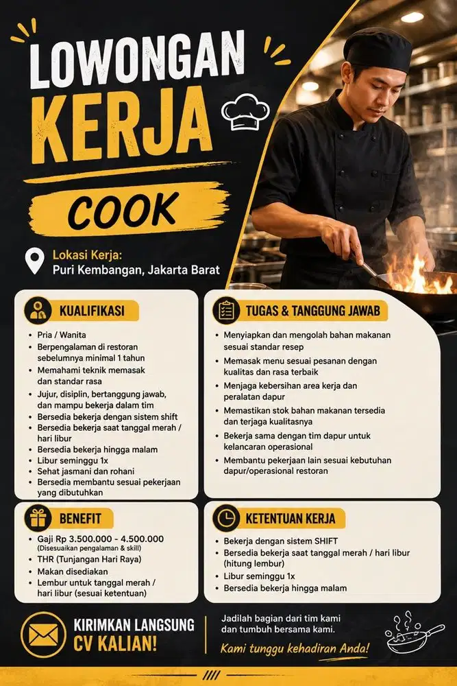 Loker Cook / Senior Cook Resto / Tukang Masak / Chef