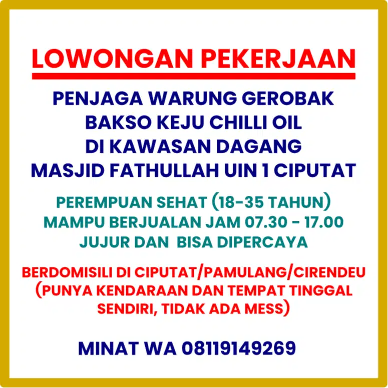 LOWONGAN PENJAGA WARUNG GEROBAK BAKSO KEJU CHILI OIL