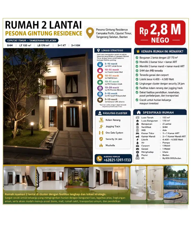 Dijual Rumah 2 LT, Pesona Gintung Residence, Lokasi Sangat Strategis
