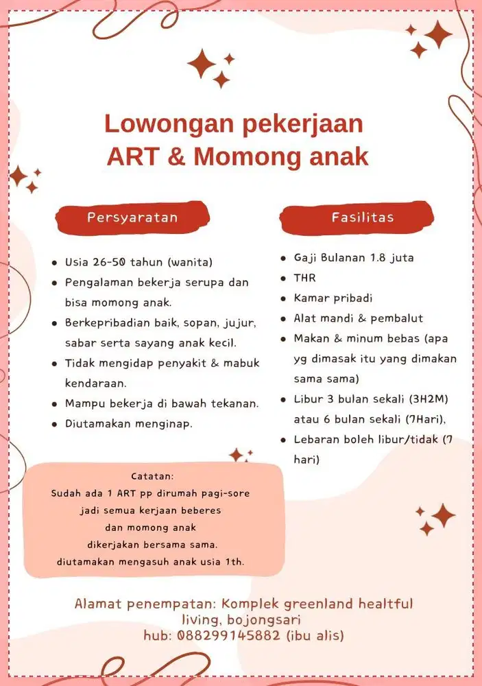 Lowongan art/momong anak