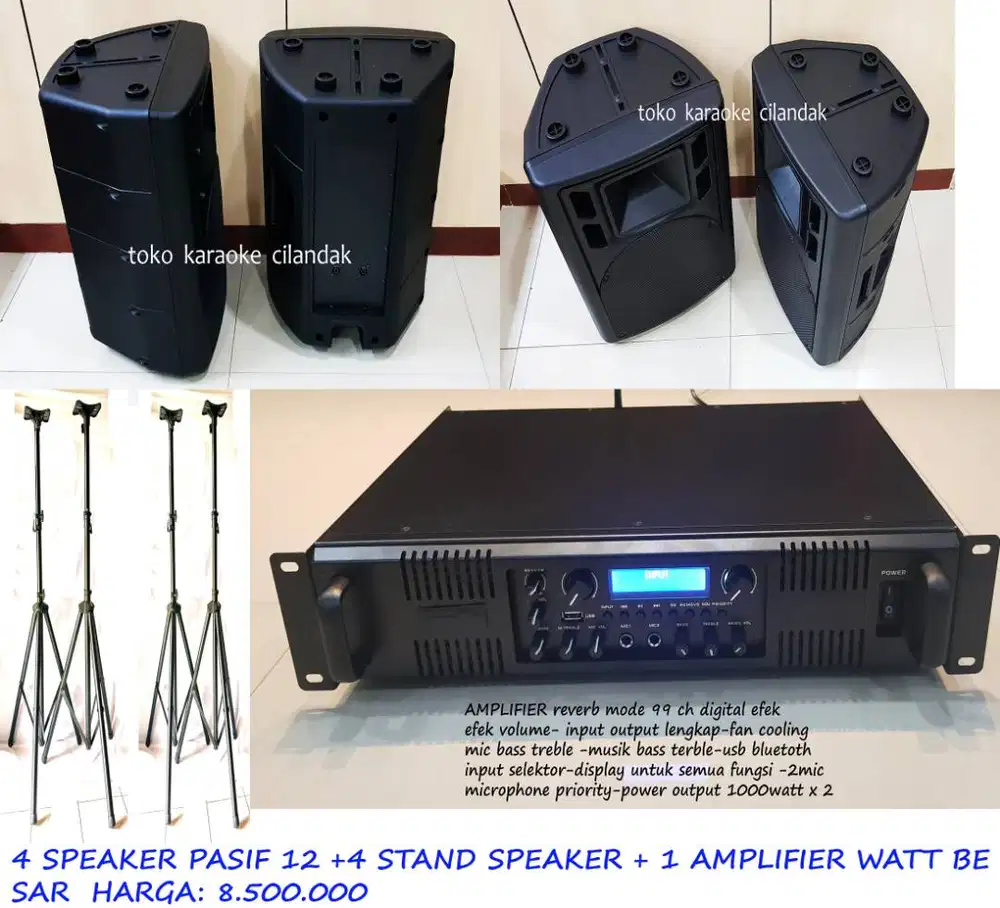paket speaker speaker pasif 12 inch + 4 stand dan amplifier baru