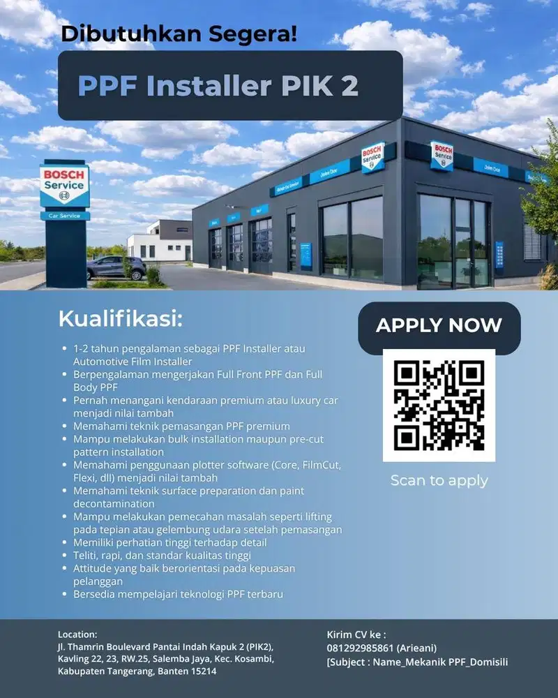 Lowongan PPF installer dan Partman di BOSCH PIK 2