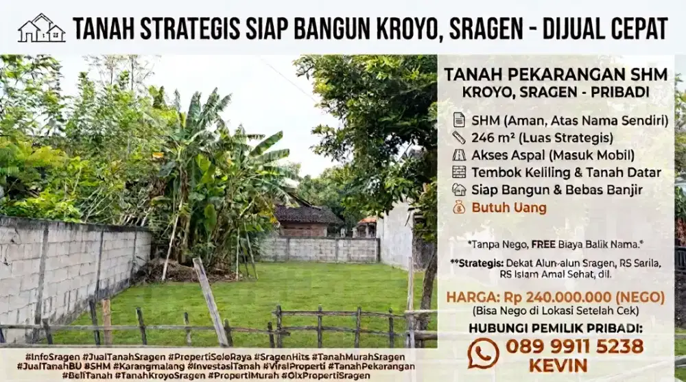 Dijual Nego Tanah Pekarangan Strategis SHM Kroyo Karangmalang Sragen