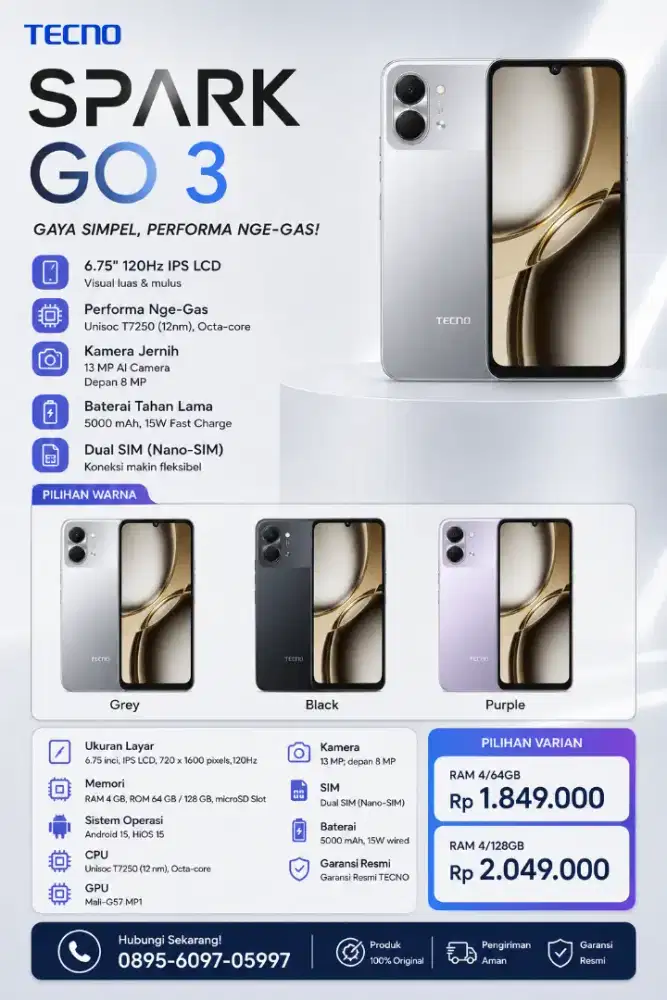 Tecno spark go 3 cash, kredit dan tukar tambah