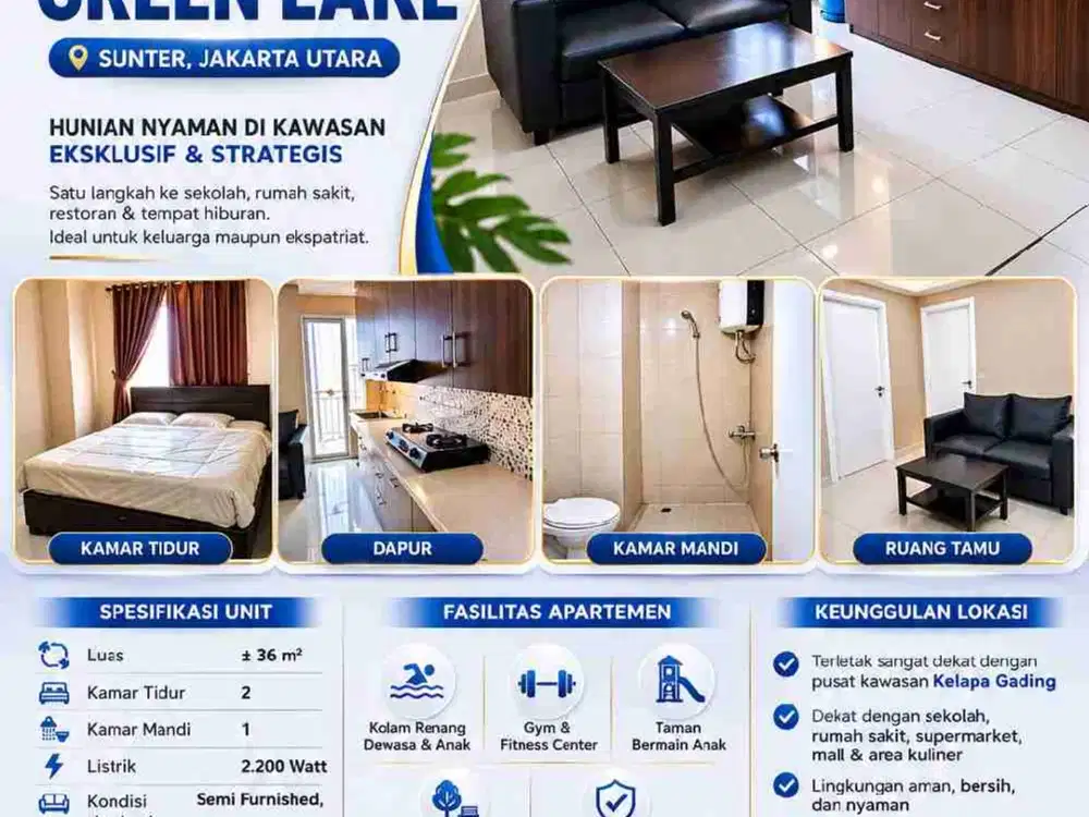 HIGH FLOOR 2BR DI GREEN LAKE SUNTER
Rp550 Jutaan — Siap Huni, Fasilitas Lengkap, Lokasi Strategis