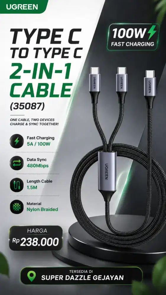 UGREEN TYPE C TO TYPE C 2-IN-1 CABLE 100W (35087)