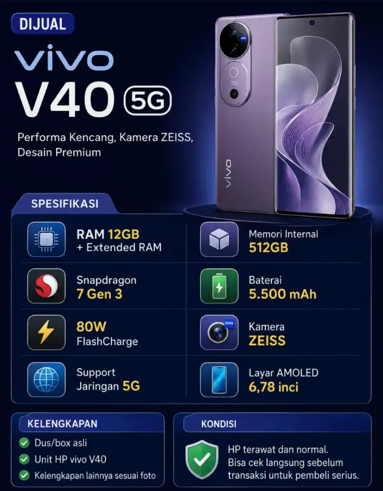 JUAL VIVO V40 5G 12/512GB FULLSET MULUS – ZEISS