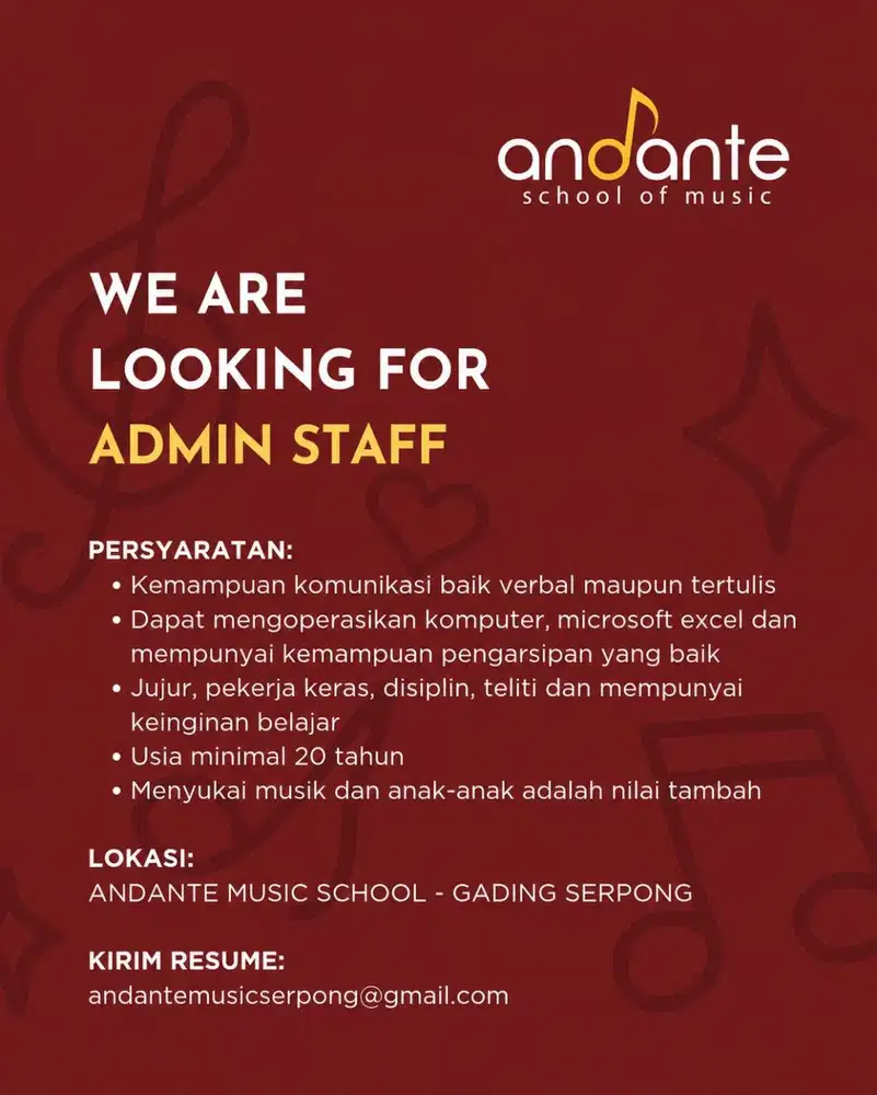 Admin Staff (Wanita / Andante Music School)