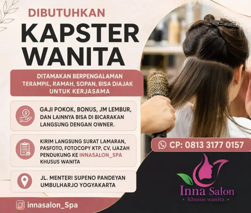 Dibutuhkan kapster untuk salon khusus wanita
