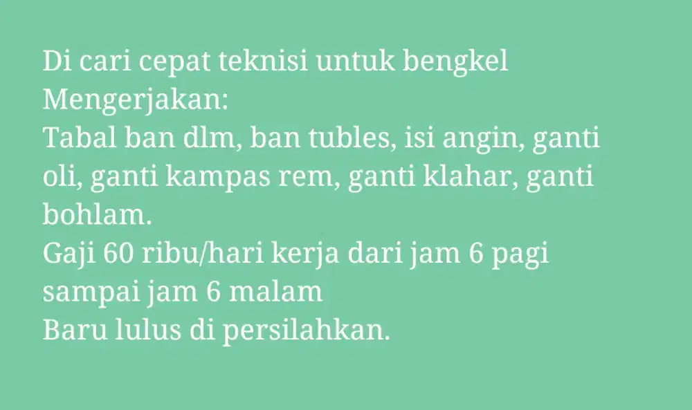 Dibutuhkan cepat kerja bengkel