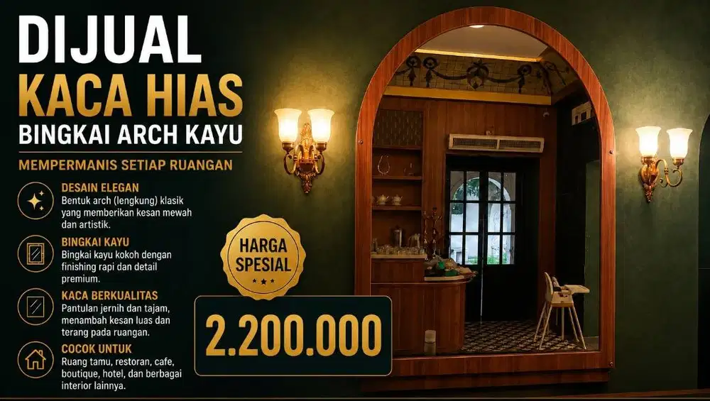 JUAL CEPAT KACA HIAS ARCH KAYU, BEKAS RESTO