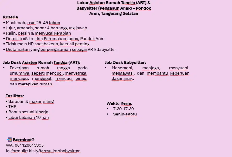 Loker ART dan Babysitter (Pulang-Pergi) Pondok Aren, Tangerang Selatan