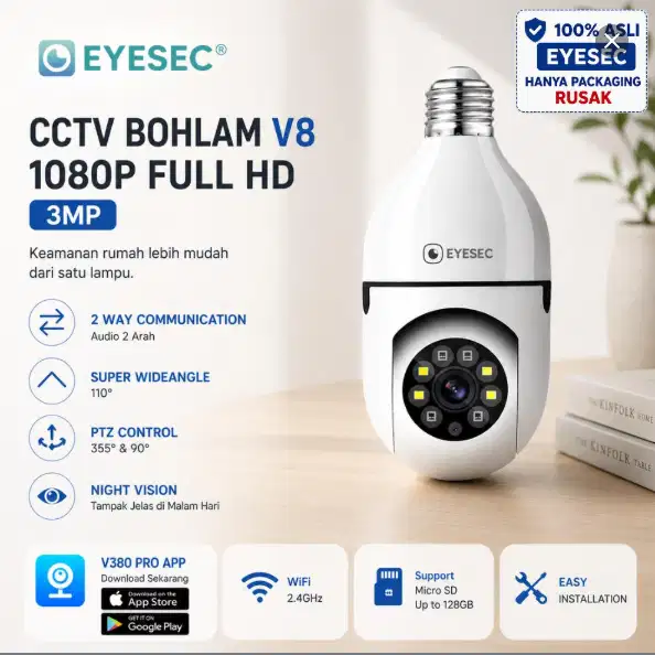 CUCIGUDANG EYESEC CCTV Bohlam V8 3MP 1080P WiFi IP Camera PTZ 355° 2 W