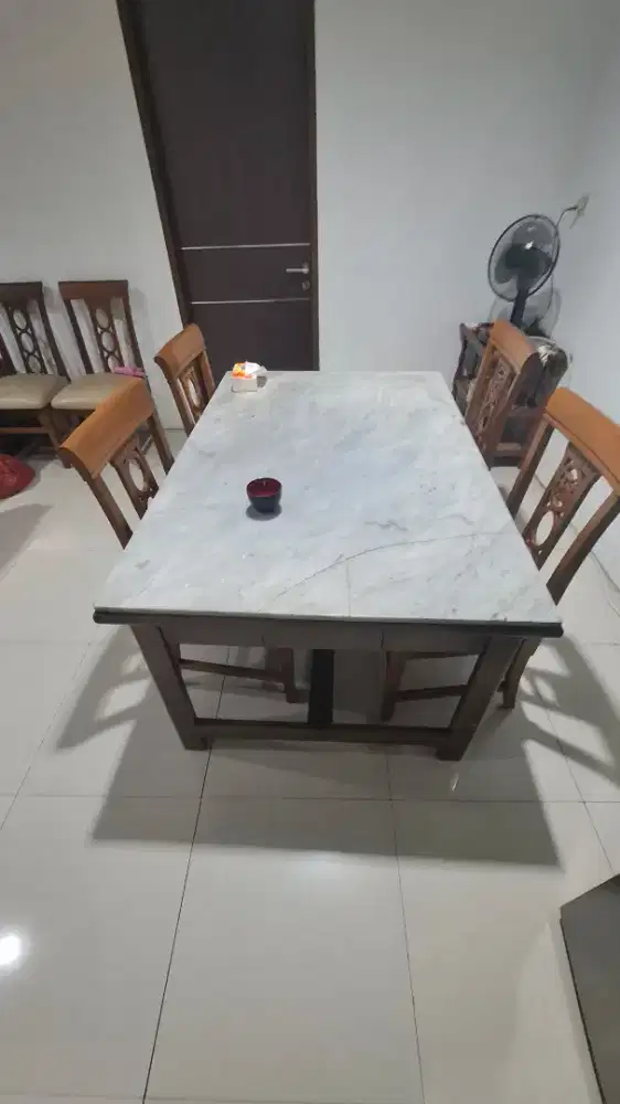 Set Meja Makan Marmer Kayu Jati Antik