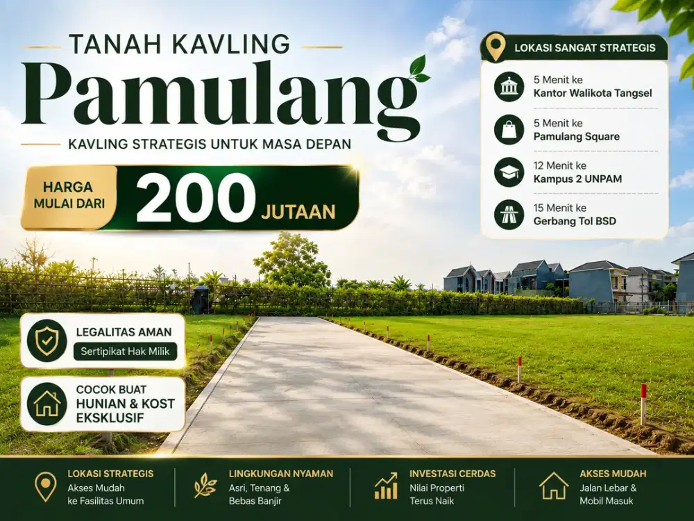 Kavling Pamulang Hanya 200 Jt-an, Dekat Kantor Walikota Tangsel, SHM