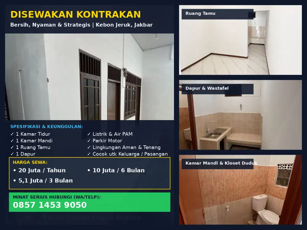 Disewakan Kontrakan Nyaman & Bersih 1 KT - Kebon Jeruk, Jakarta Barat