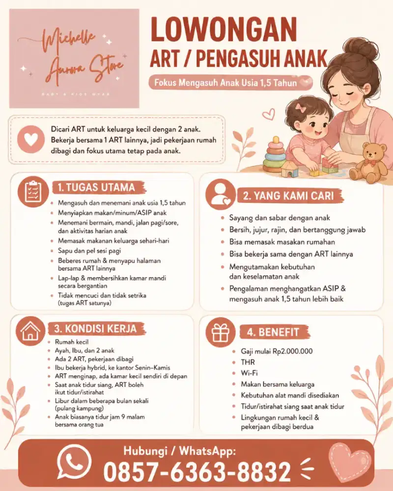 Dicari ART Menginap Fokus Anak 1,5 Tahun – Rumah Kecil, Kerja Berdua