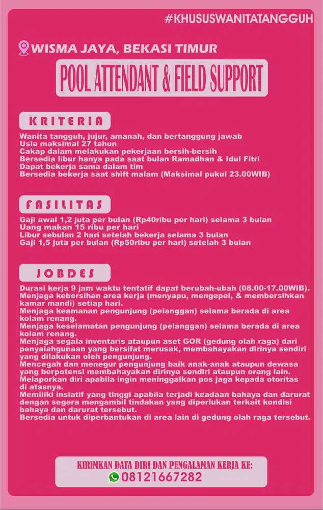 Lowongan Kerja Khusus Wanita - Kru Kolam Renang