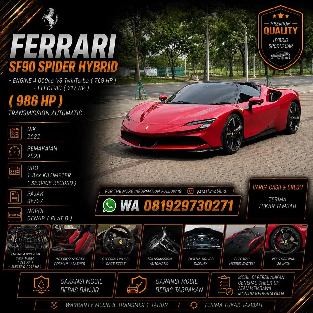 Ferrari SF90 Spider Hybrid 4.0 V8 2022 / 2023 / Odo 1rbu Kilometer