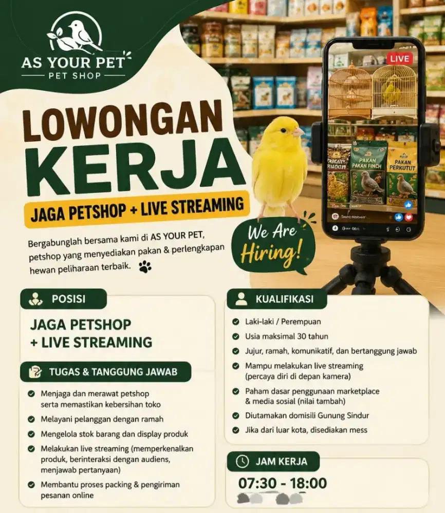 Lowongan kerja jaga toko petshop ruko rawakalong