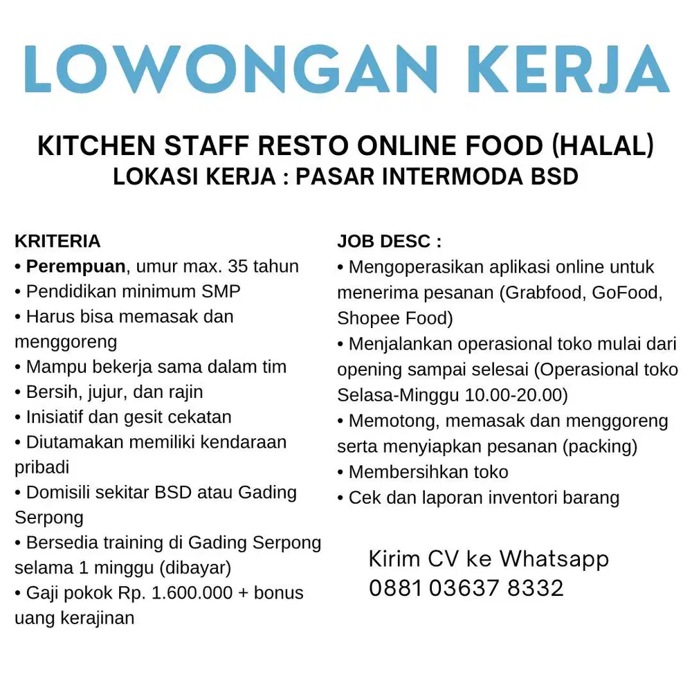 LOWONGAN KERJA STAFF KITCHEN