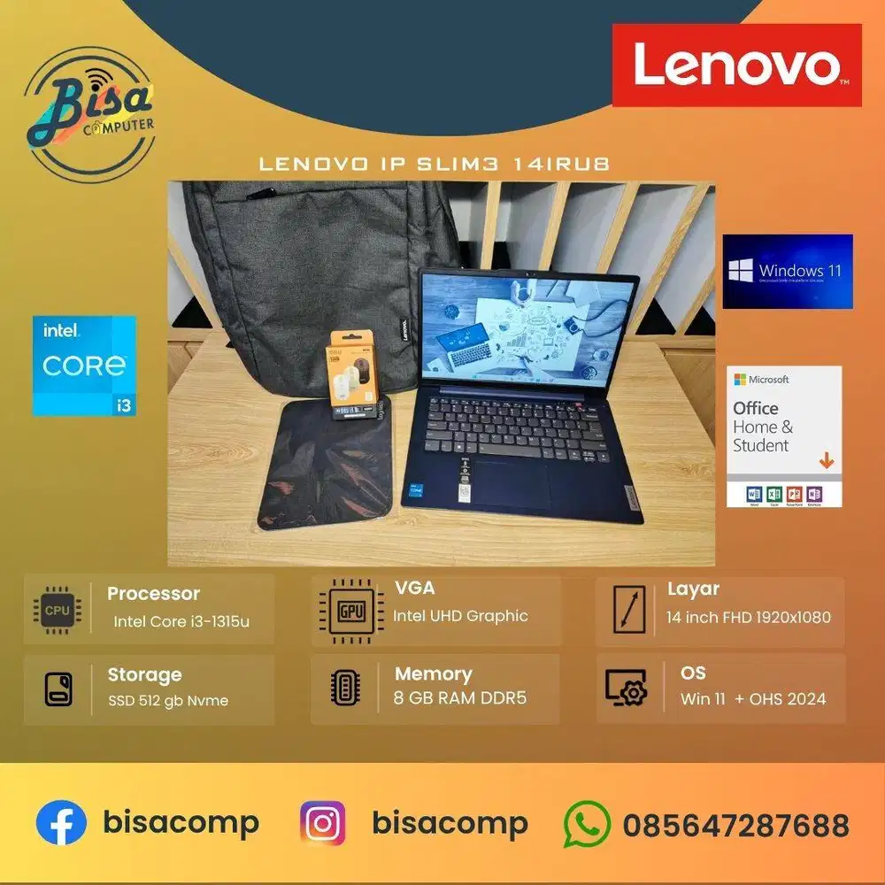 Lenovo IP Slim 3 14IRU8 Core i3 13th Gen SSD 512gb Ram 8gb 14inchFHD