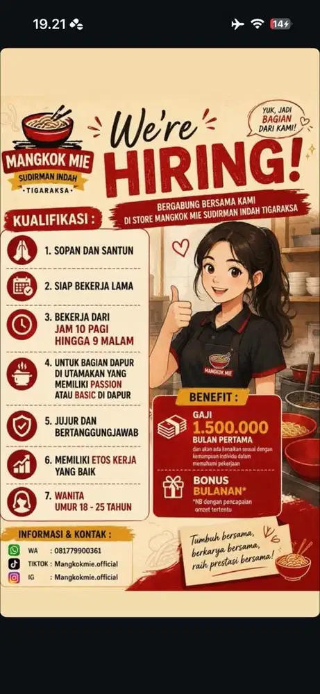 Lowongan Perkerjaan Wiaters untuk Caffee Juffie dan Kedai Mangkok mie
