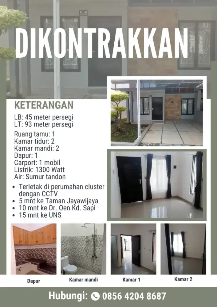 DISEWAKAN RUMAH CLUSTER DEKAT TAMAN JAYAWIJAYA