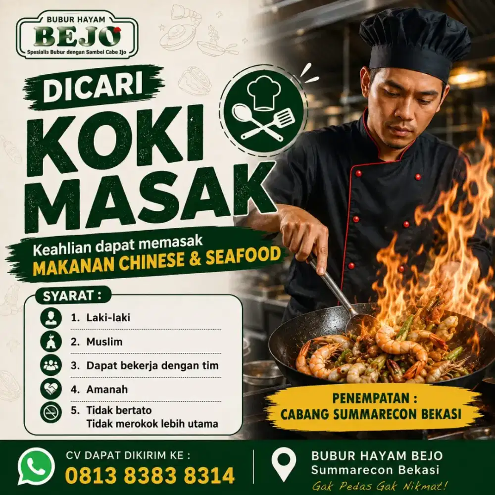 dicari koki restoran chinese dan seafood