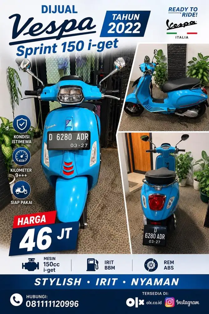 Vespa Sprint 150 i-Get 2022 KM 9+++Istimewa Siap Pakai – Rp46 Juta